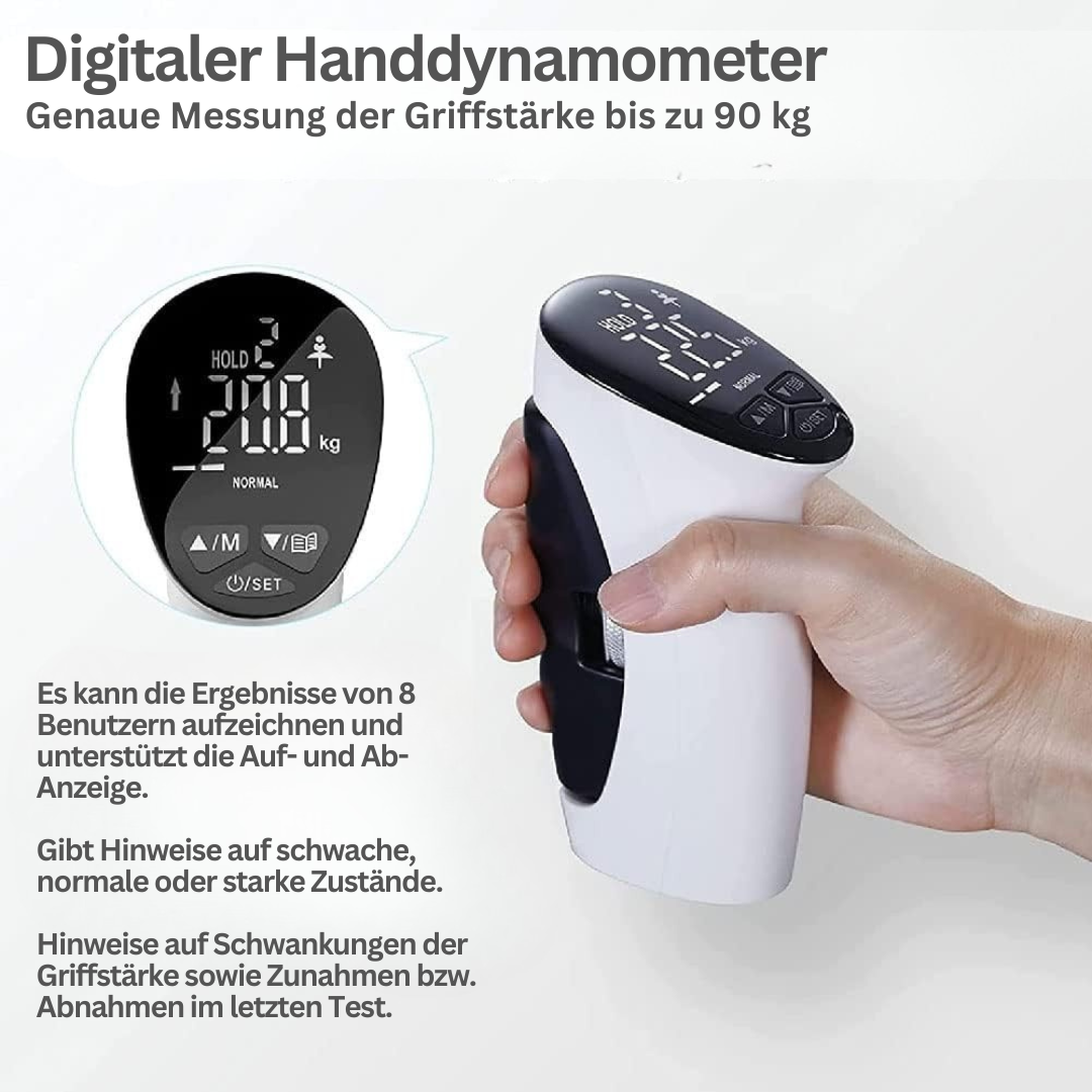 Digitaler Handdynamometer, weiß, Griffstärke bis 90 kg, LCD-Display, ergonomisches Design
