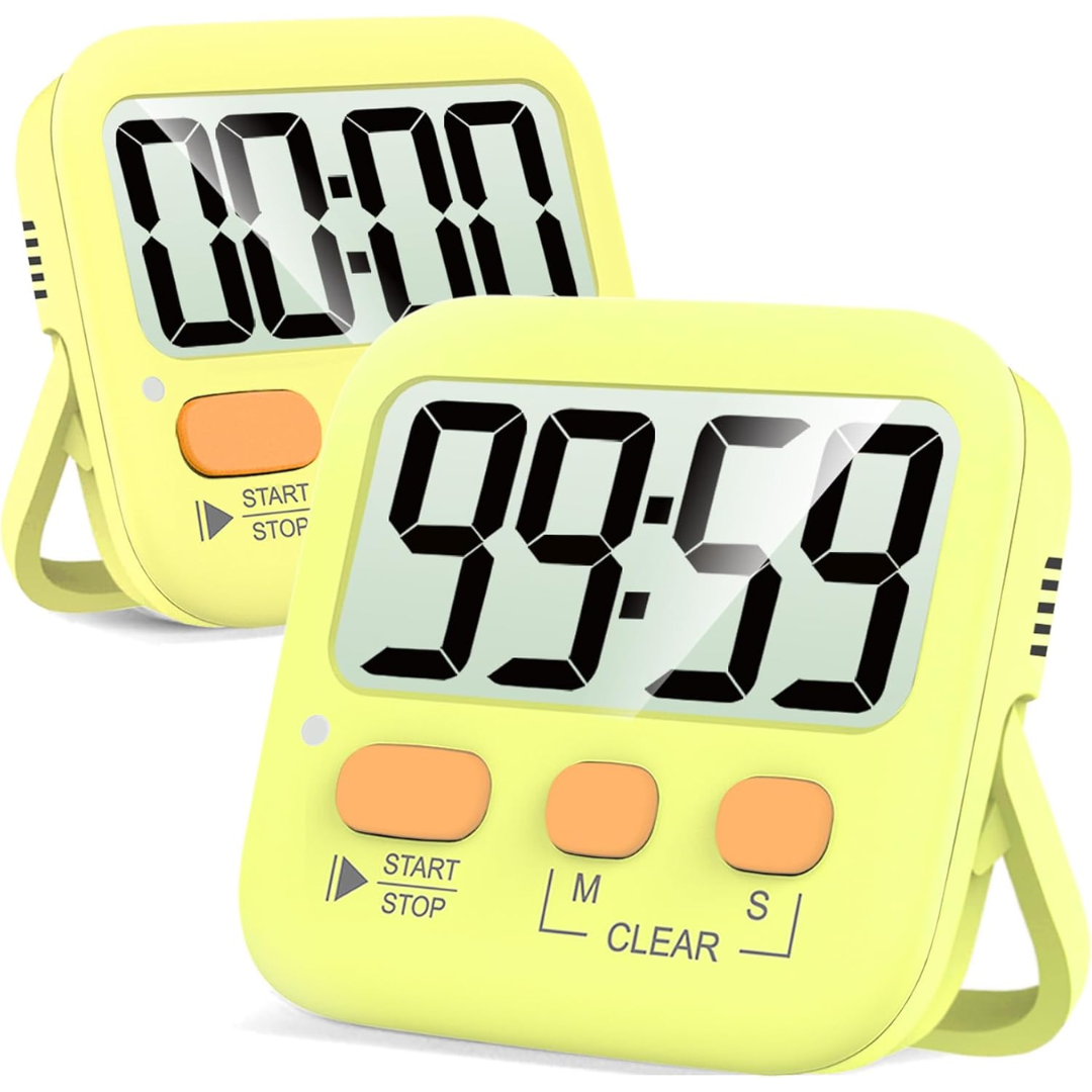 Zwei gelbe digitale Küchentimer mit großen Displays und orangefarbenen Tasten.