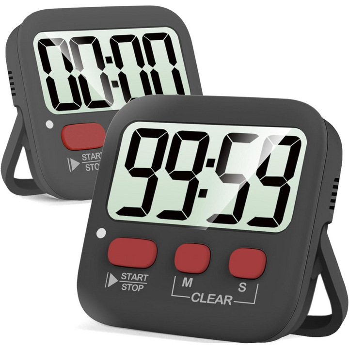 Schwarzer digitaler Küchentimer mit rotem Knopf, Countdown-Funktion, großes Display.