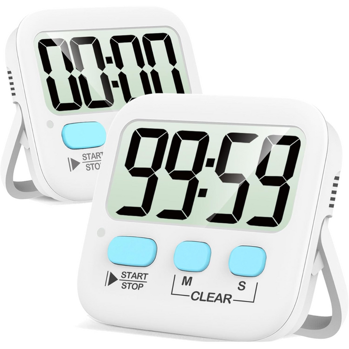 Digitaler Küchentimer, weiß, mit großem Display und blauen Tasten, Countdown-Funktion.