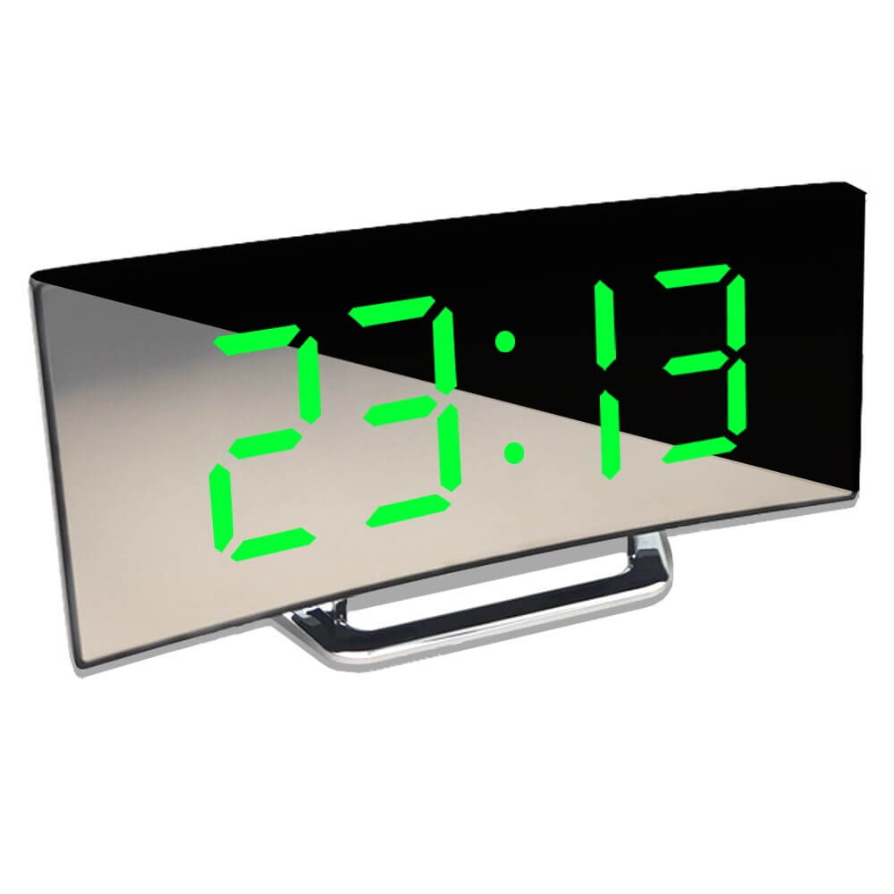 Digitaler Spiegelwecker mit grünem LED-Display, modernes Design, 23:13 Uhr.