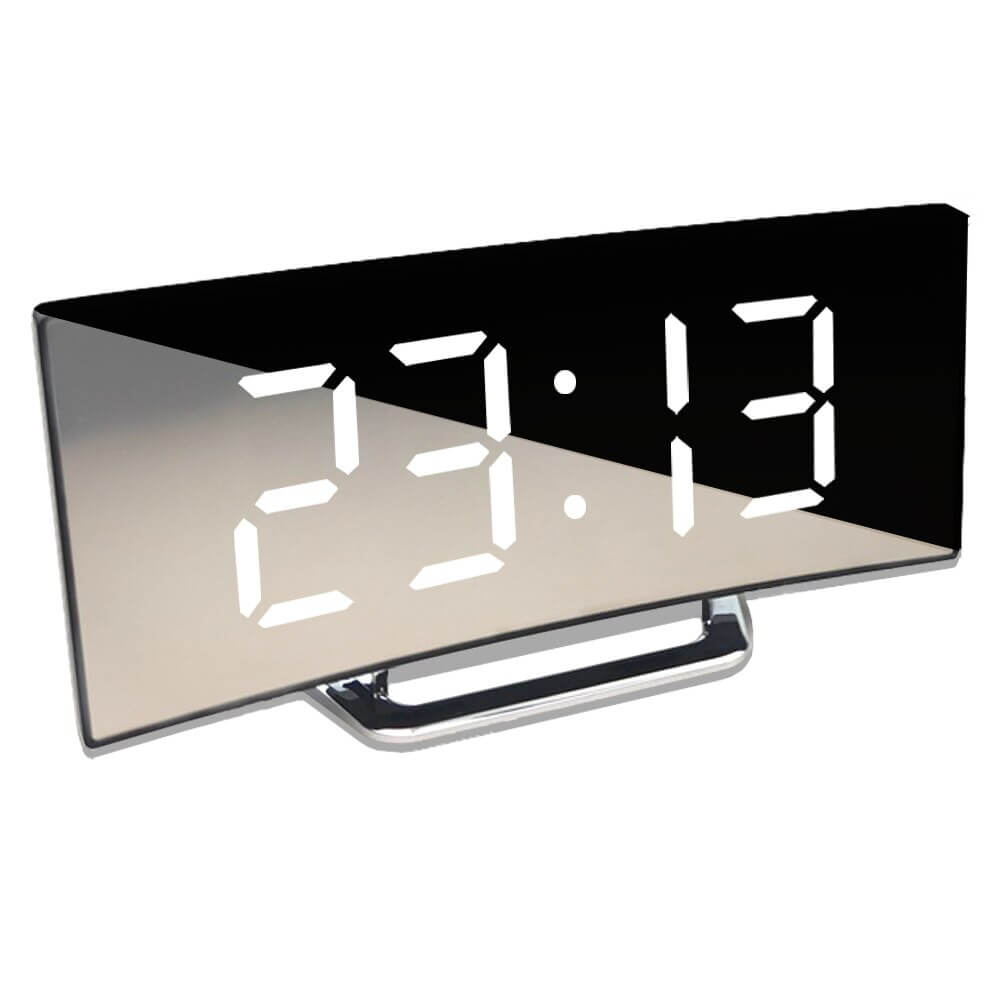 Digitaler Spiegelwecker mit LED-Anzeige, gebogenes Design, moderne Tischuhr, schwarz-silber.