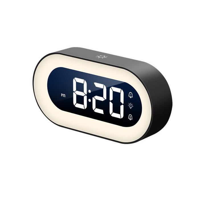 Schwarzer digitaler Wecker mit LED-Anzeige, ovales Design, moderne Tischuhr.