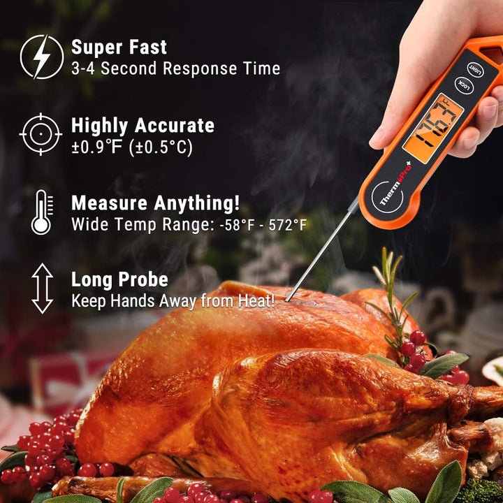 Digitales Fleischthermometer mit langer Sonde, orange, für präzise Temperaturmessung beim Kochen.
