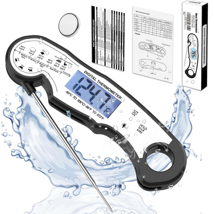 Digitales Küchenthermometer, wasserdicht, Edelstahlsonde, LCD-Display, schwarz, präzise Messung.