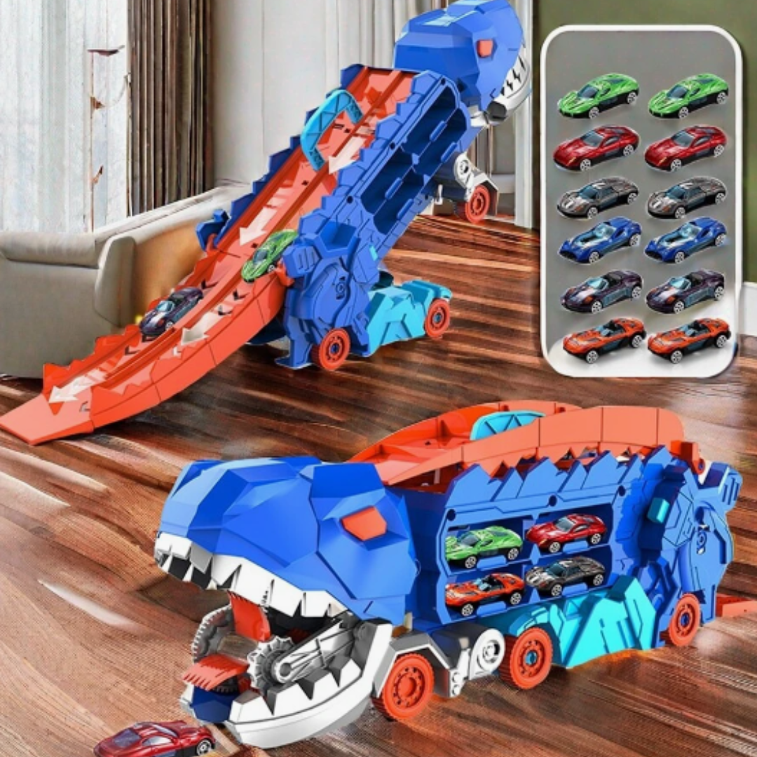Blauer Dinosaurier-Spielzeugauto-Träger, Kinderzimmer, bunte Autos, Spielzeugaufbewahrung