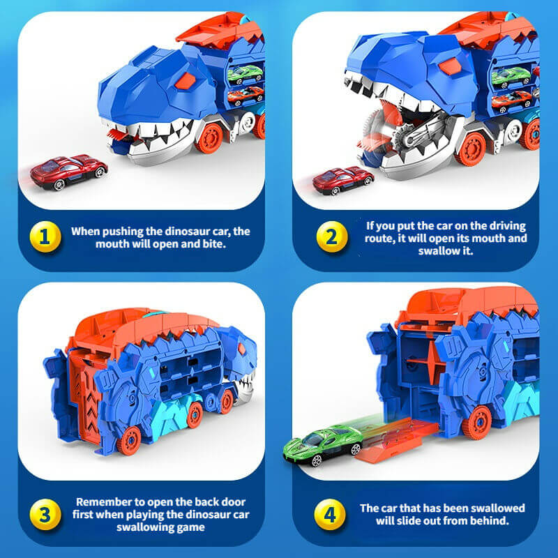 Spielzeugauto Dinosaurier-Design, blau-rot, mit Autoschlucker-Funktion, für Kinder ab 3 Jahren.