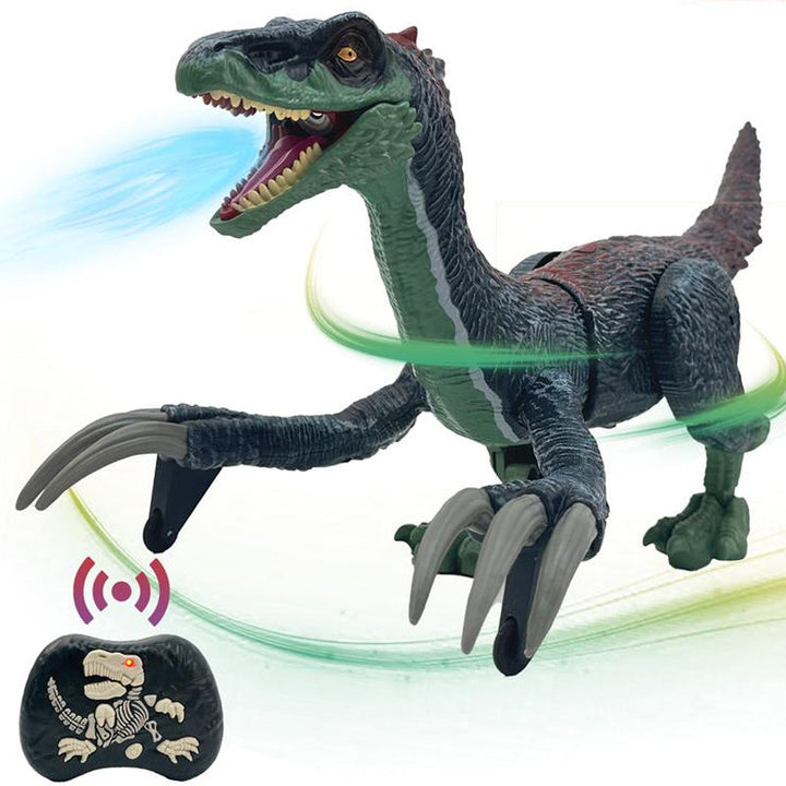 Ferngesteuerter Dinosaurier Spielzeug, schwarz-grün, mit leuchtenden Augen und Soundeffekten.