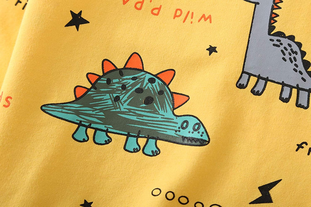 Gelbes Kinder-T-Shirt mit buntem Dinosaurier-Print, Stegosaurus-Motiv, Baumwolle.