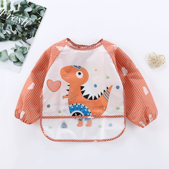 Orange Kinder-Lätzchen mit Dinosaurier-Motiv, wasserdicht, langärmelig, für Kleinkinder.