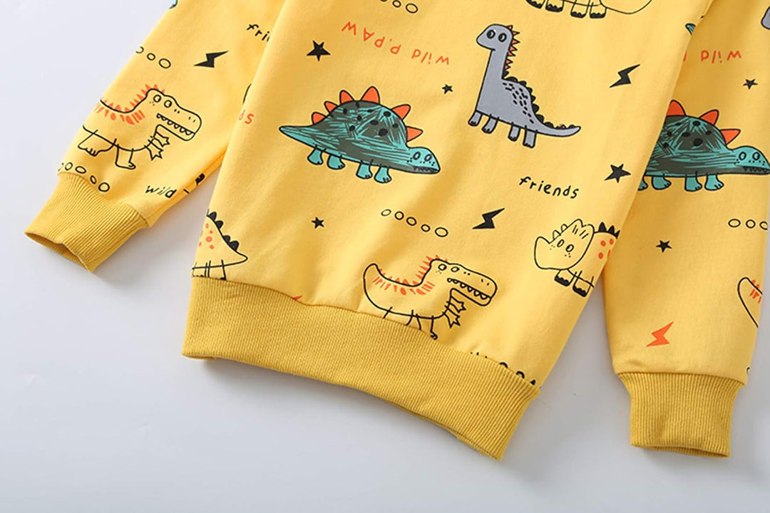 Gelbes Kinder-Sweatshirt mit Dinosaurier- und UFO-Motiven, Baumwolle, langärmelig.