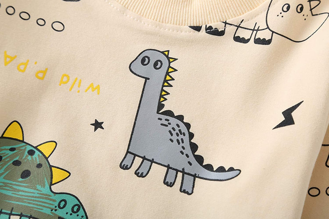 Beige Kinder-T-Shirt mit Dinosaurier-Print, Baumwolle, Cartoon-Motiv, Jungenmode.