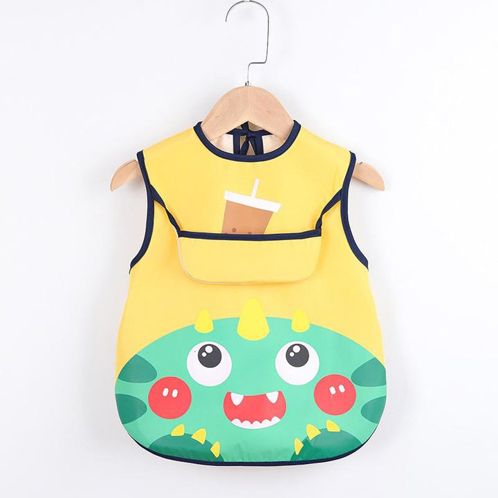 Gelbes Kinderlätzchen mit Dinosaurier-Motiv, wasserdicht, BPA-frei, verstellbar.