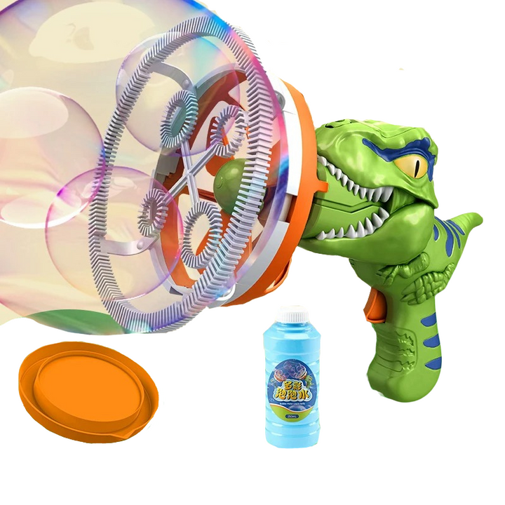 Grüner Dinosaurier-Seifenblasenpistole mit Seifenblasenlösung, Kinder-Spielzeug, Kunststoff.