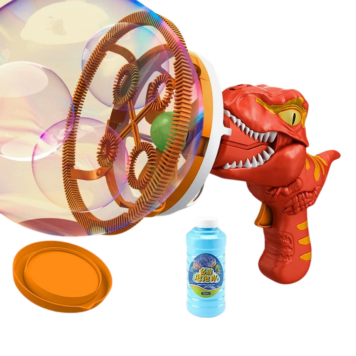 Roter Dinosaurier-Seifenblasenpistole mit Seifenblasenlösung, Kinder-Spielzeug, Kunststoff.