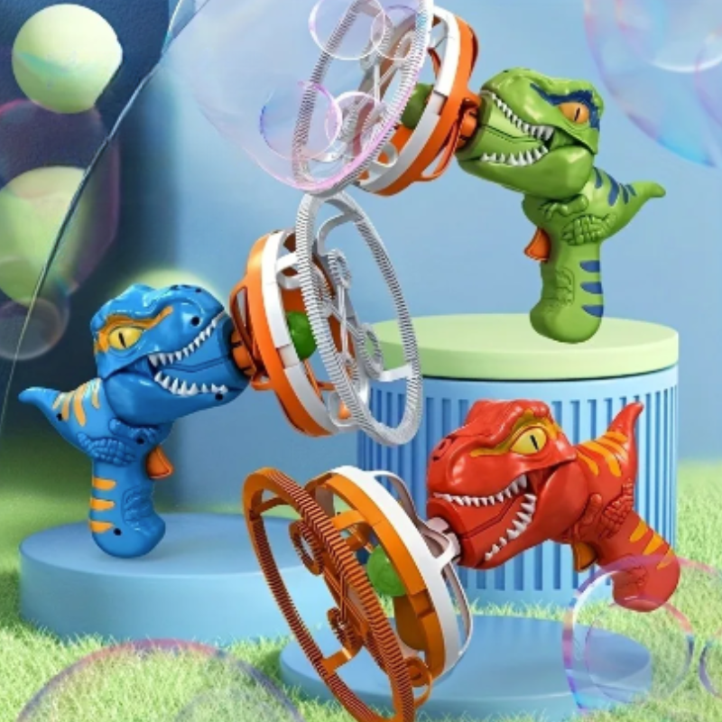 Dinosaurier-Seifenblasenpistolen in Blau, Grün und Rot, Kinder-Spielzeug, Outdoor-Spaß.