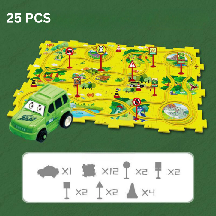 25-teiliges Dinosaurier-Spielset mit grünem Spielzeugauto und gelber Spielmatte für Kinder.