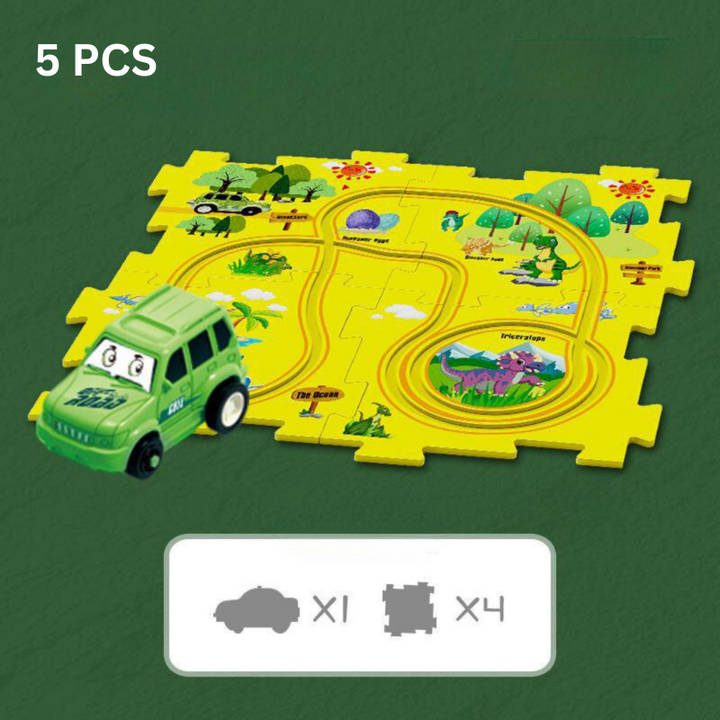 Grünes Spielzeugauto auf gelber Dinosaurier-Spielmatte, 5-teiliges Set, Kinderzimmer-Dekor.