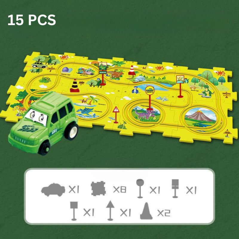 Grünes Spielzeugauto mit gelber Dinosaurier-Spielmatte, 15-teiliges Set, Kinder Lernspielzeug.