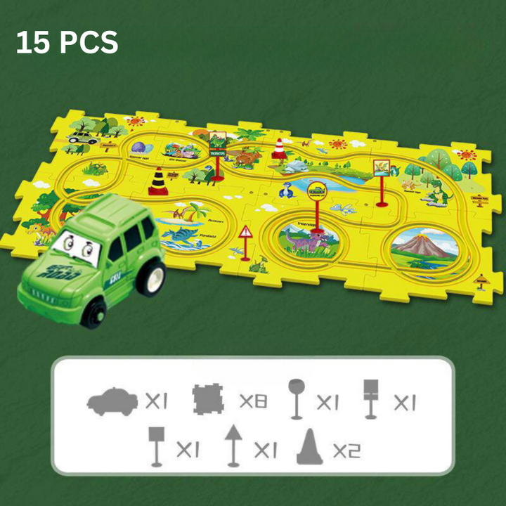Grünes Spielzeugauto mit gelber Dinosaurier-Spielmatte, 15-teiliges Set, Kinder Lernspielzeug.