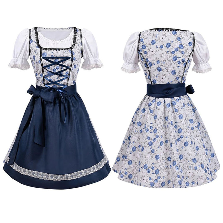 Blau-weißes Dirndl mit Blumenmuster, Spitzenbesatz und Schürze, traditionelles Oktoberfestkleid.
