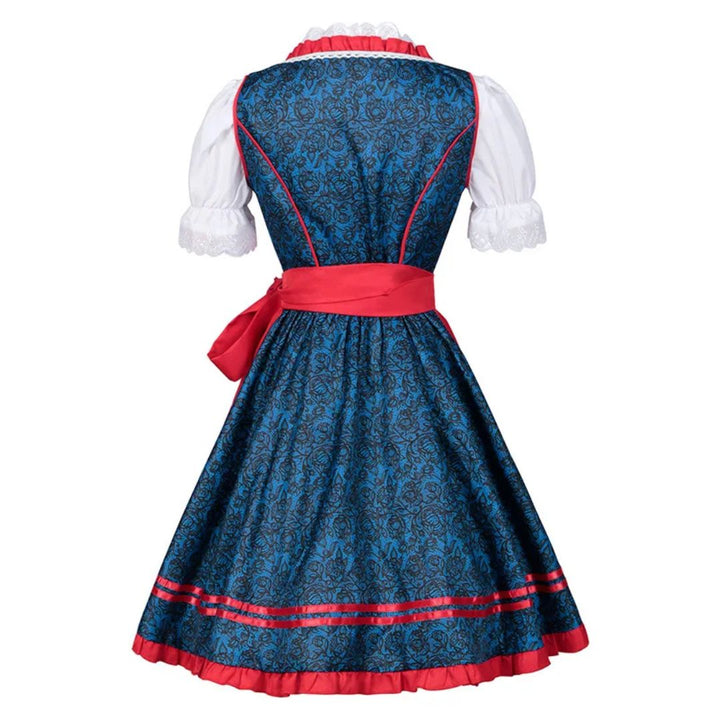 Blaues Dirndl mit rotem Band, traditionelles bayerisches Kleid, Damenmode, Oktoberfest-Outfit