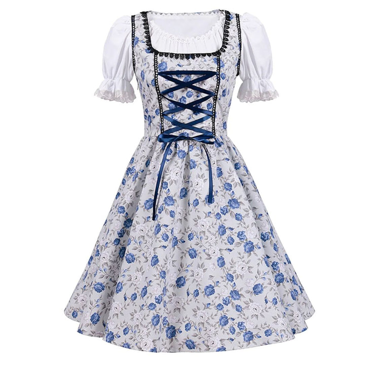 Blau-weißes Dirndlkleid mit Blumenmuster, traditionell, kurzärmelig, Oktoberfestmode.
