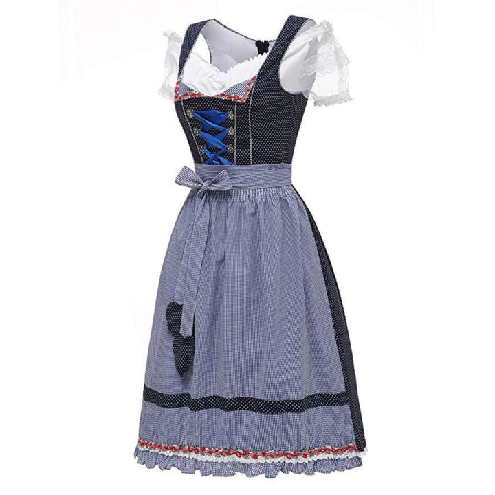 Damen-Dirndl blau-weiß kariert, traditionell, mit Schürze und Spitzenbluse, Oktoberfest-Kleidung.