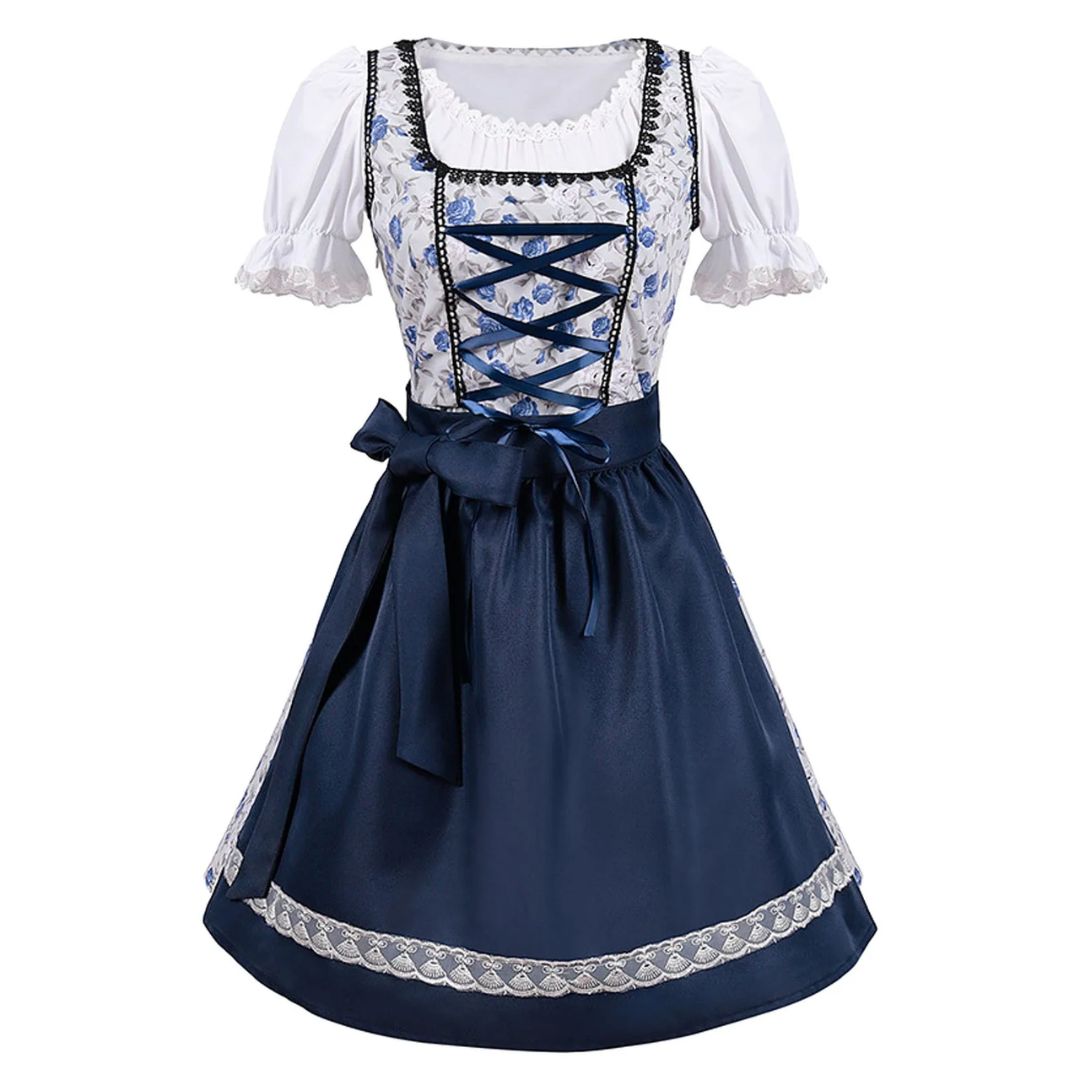 Damen-Dirndl blau-weiß, Blumenmuster, Schnürung, Trachtenmode, Oktoberfest-Kleid, elegant.