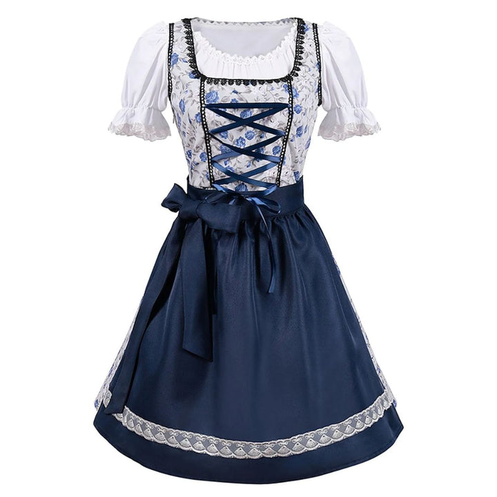 Damen-Dirndl blau-weiß, Blumenmuster, Schnürung, Trachtenmode, Oktoberfest-Kleid, elegant.