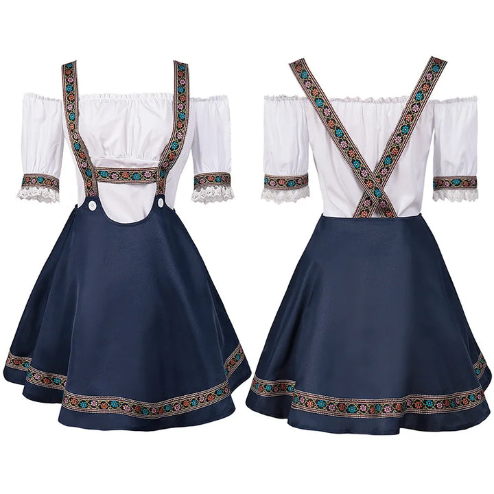 Bayerisches Dirndlkleid, blau-weiß, mit Stickerei, Trachtenmode, Oktoberfest-Kostüm.