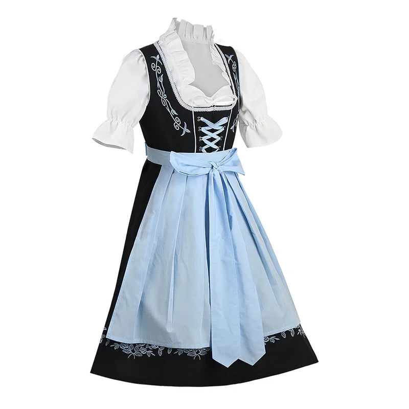 Schwarzes Dirndl mit blauer Schürze und weißer Bluse, traditionelles bayerisches Trachtenkleid.