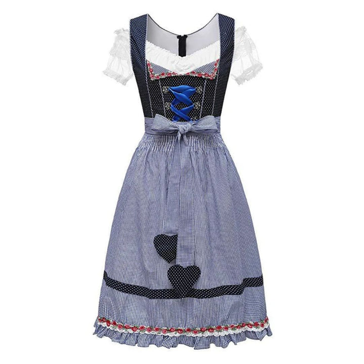 Blaues Dirndlkleid mit Schürze, Herzmotiv, traditionell, Oktoberfest, Damenmode.