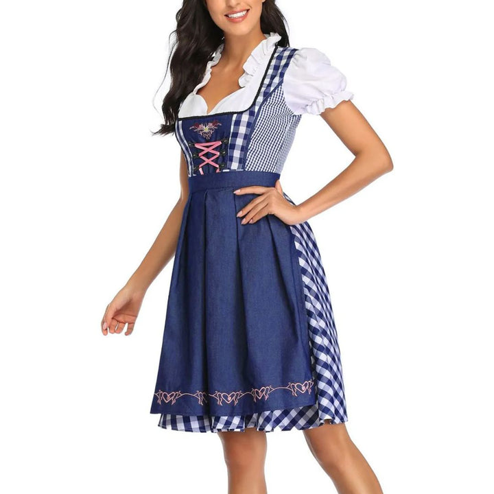 Damen-Dirndl blau-weiß kariert, Rüschenbluse, traditionelles Oktoberfest-Kleid, Trachtenmode.