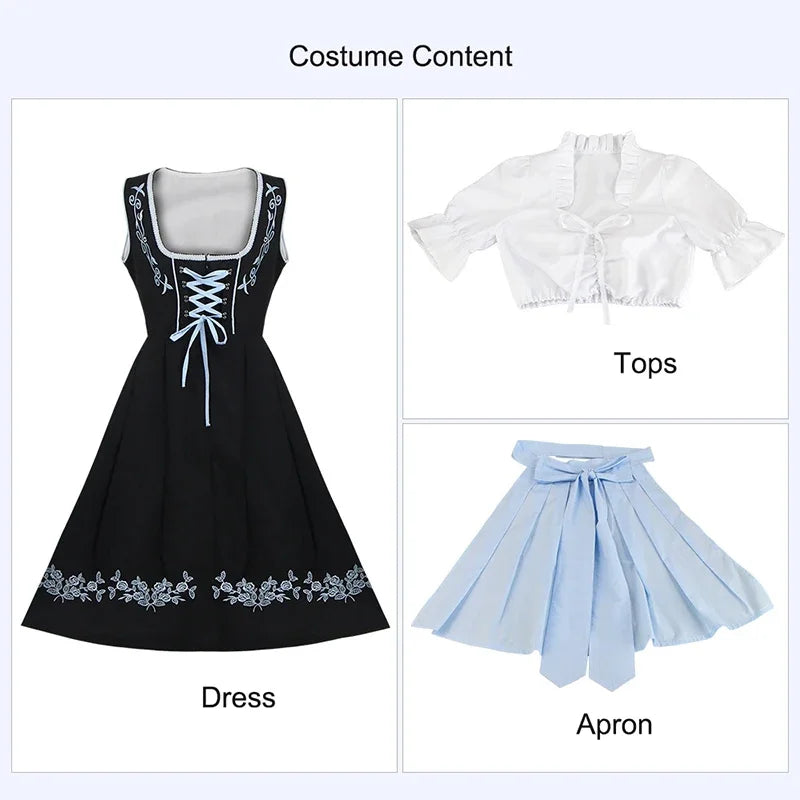 Schwarzes Dirndl mit blauer Stickerei, weiße Bluse, hellblauer Schürze, Trachtenmode-Set.