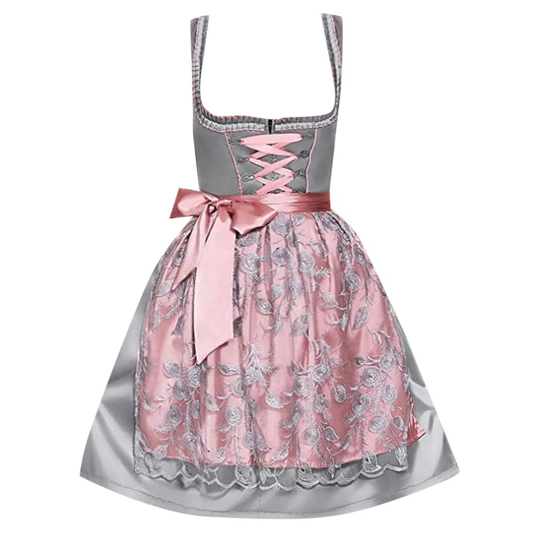 Graues Dirndl mit rosa Schürze, Spitzenmuster, traditionelles bayerisches Kleid, Oktoberfest.