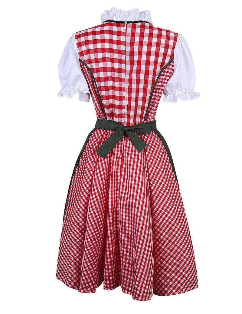 Rotes kariertes Dirndlkleid mit weißer Bluse, traditionell, bayerische Tracht, Rückansicht.
