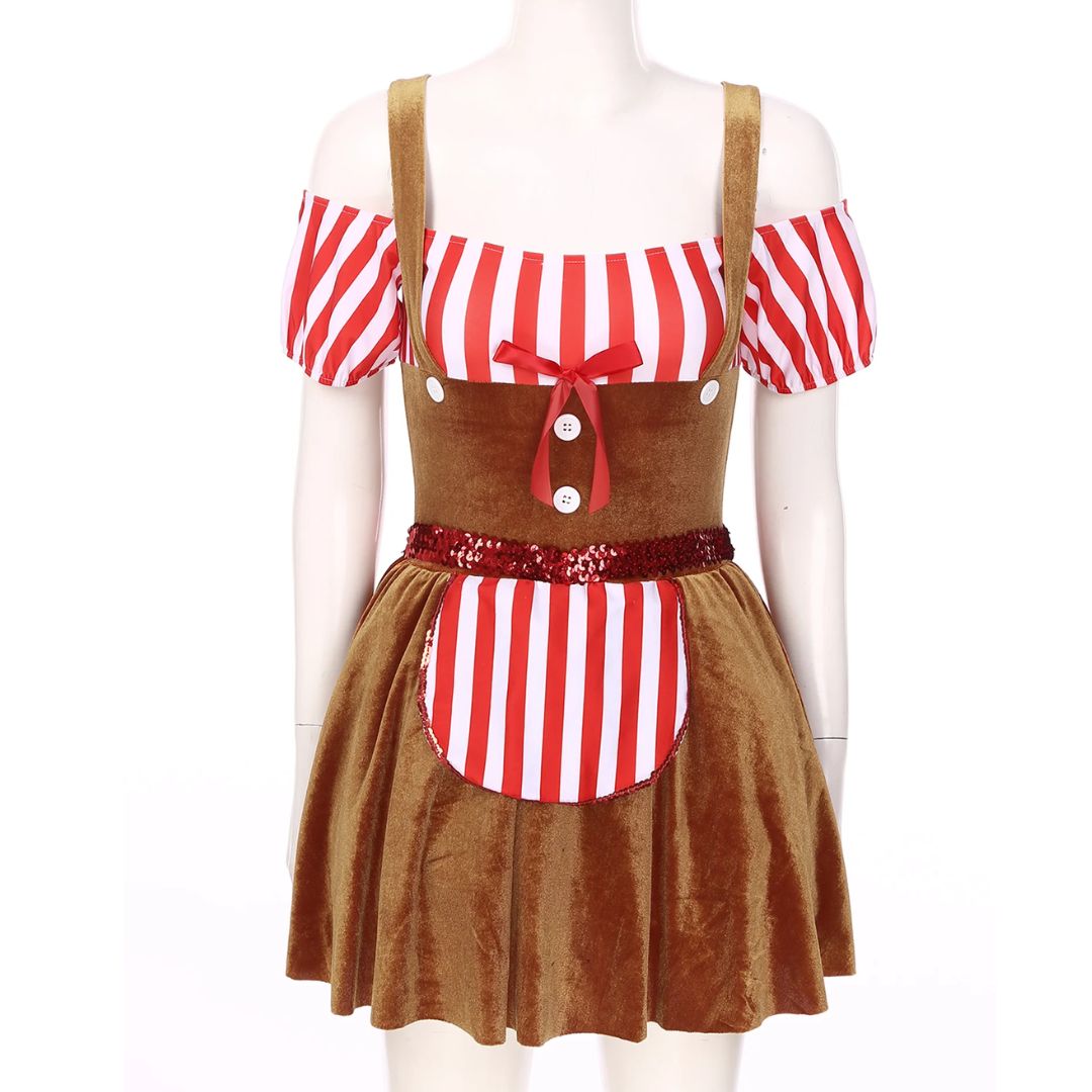 Damenkostüm Oktoberfest, rot-weiß gestreift, braun, Dirndl-Stil, Karneval, Fasching.