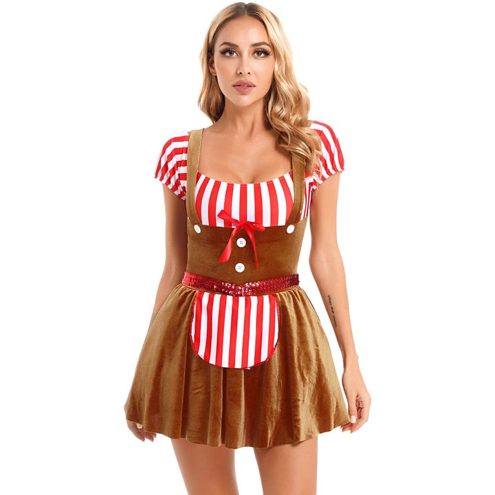 Frau im rot-weiß gestreiften Dirndl-Kostüm, brauner Rock, Oktoberfest-Outfit.