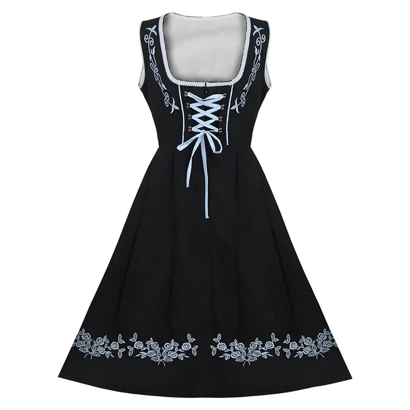 Schwarzes Dirndlkleid mit blauer Stickerei, traditionell, ärmellos, Schnürung vorne.