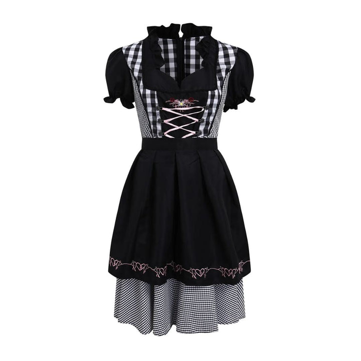 Schwarzes Dirndl mit Karomuster, Rüschenkragen und Schnürung, traditionelles bayerisches Kleid.