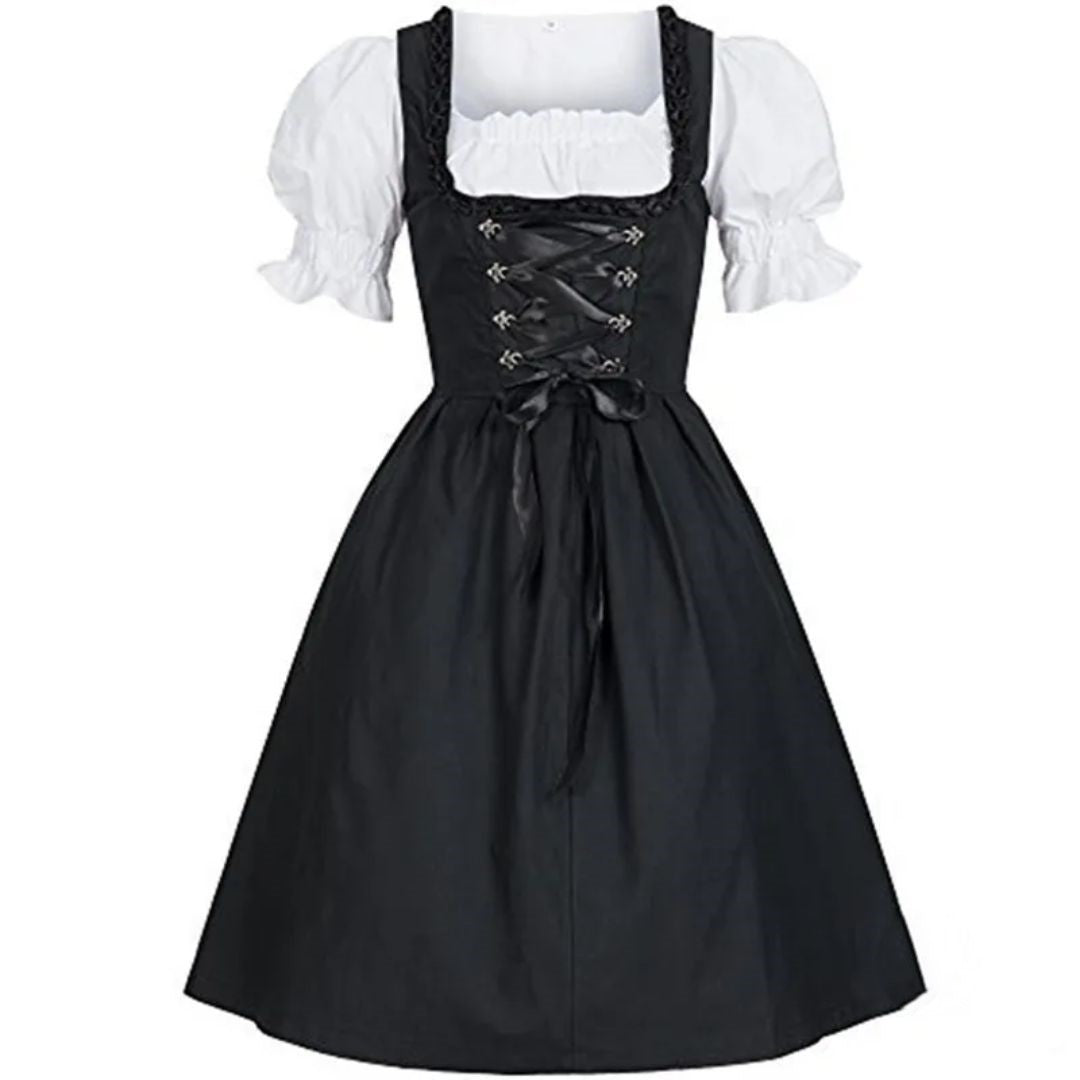 Schwarzes Dirndl mit weißer Bluse, traditionelles bayerisches Kleid, Trachtenmode.