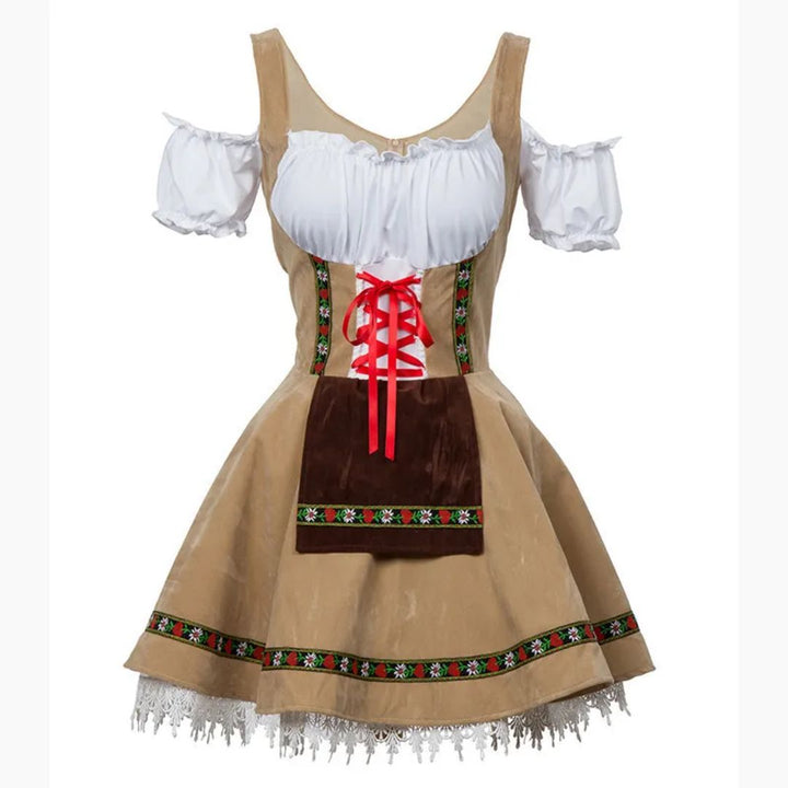 Braunes Dirndlkleid mit weißer Bluse, roter Schnürung, Blumenmuster, traditionell, Oktoberfest.