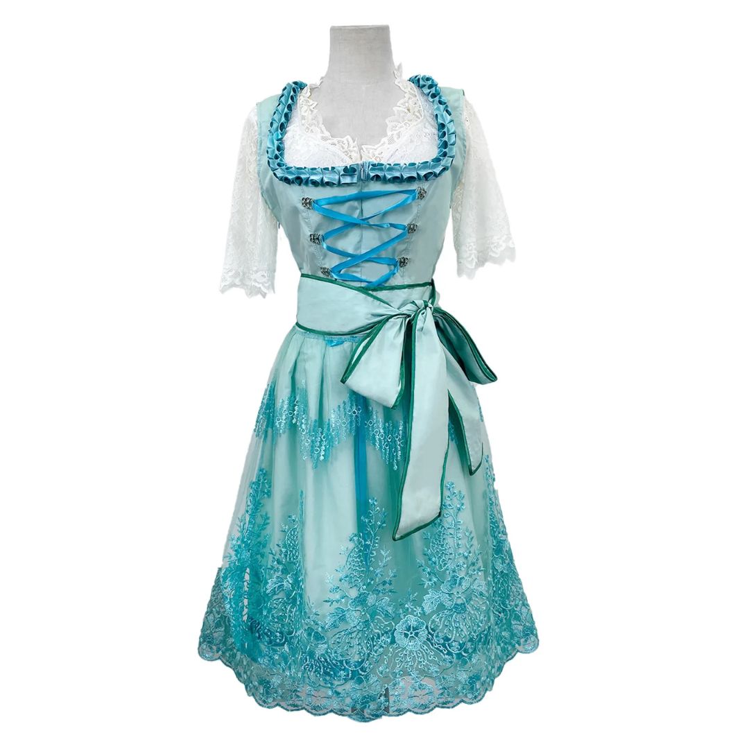 Türkises Dirndl mit Spitze, Schnürung und Schleife, traditionelles bayerisches Kleid für Damen.