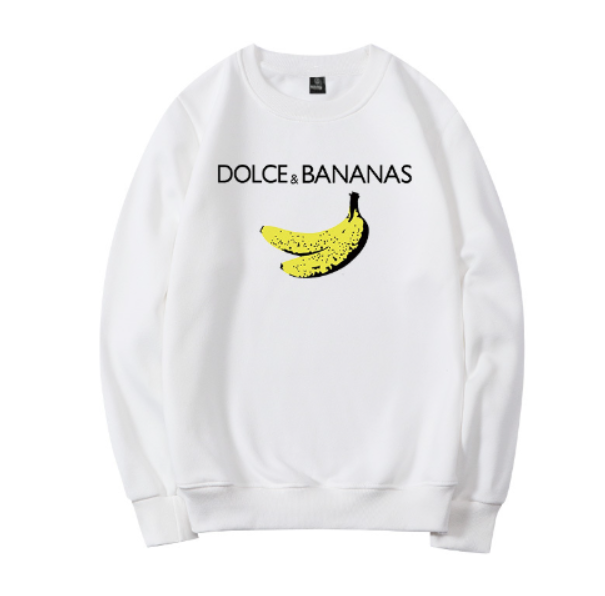 Weißer Pullover mit "Dolce & Bananas"-Aufdruck und gelben Bananen, Unisex, Baumwolle.
