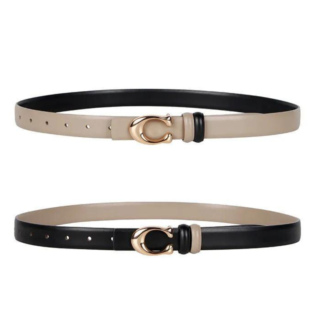 Doppelseitiger Gürtel mit C-Schnalle, beige und schwarz, dünn, modisch, Damenaccessoire.