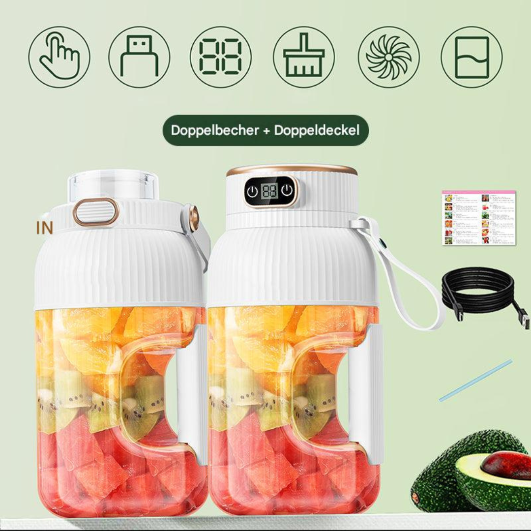 Tragbarer Mixer mit USB-Anschluss, weiß, Obstbehälter, Doppelbecher, Doppeldeckel.
