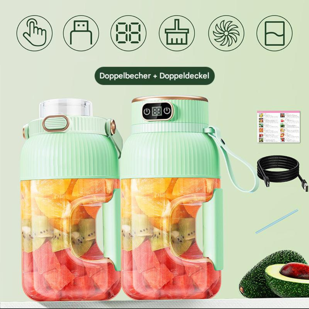 Tragbarer Mixer, grün, USB-aufladbar, Obstbehälter, Doppelbecher, Küchenzubehör.