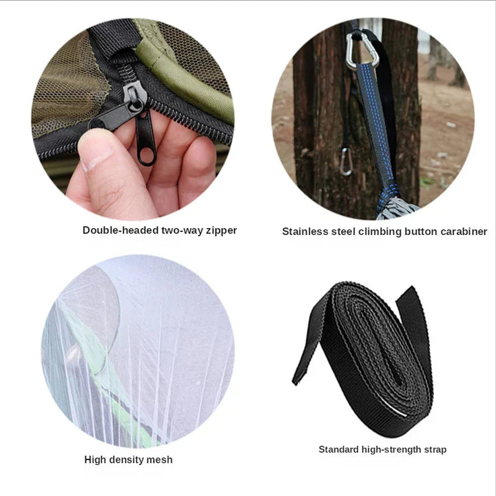Doppelkopf-Reißverschluss, Edelstahl-Karabiner, hochdichtes Netz, hochfester Gurt.