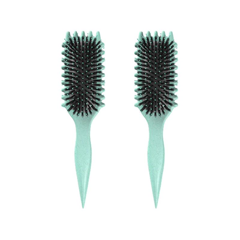 Zwei grüne Haarbürsten mit schwarzen Borsten, ergonomischer Griff, ideal für Styling und Pflege.
